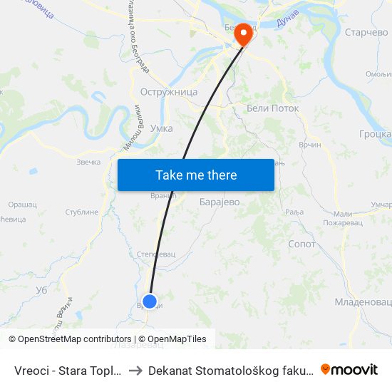 Vreoci - Stara Toplana to Dekanat Stomatološkog fakulteta map