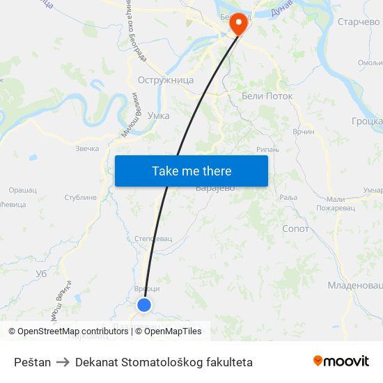 Peštan to Dekanat Stomatološkog fakulteta map