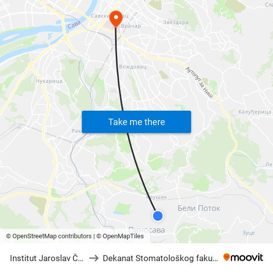 Institut Jaroslav Černi to Dekanat Stomatološkog fakulteta map