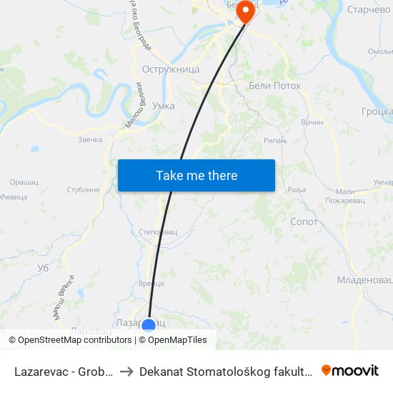 Lazarevac - Groblje to Dekanat Stomatološkog fakulteta map