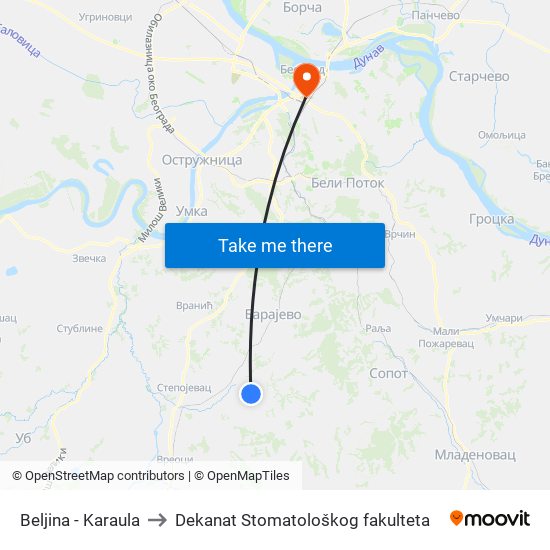 Beljina - Karaula to Dekanat Stomatološkog fakulteta map