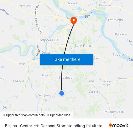 Beljina - Centar to Dekanat Stomatološkog fakulteta map