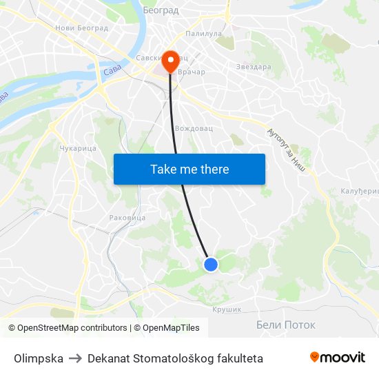 Olimpska to Dekanat Stomatološkog fakulteta map