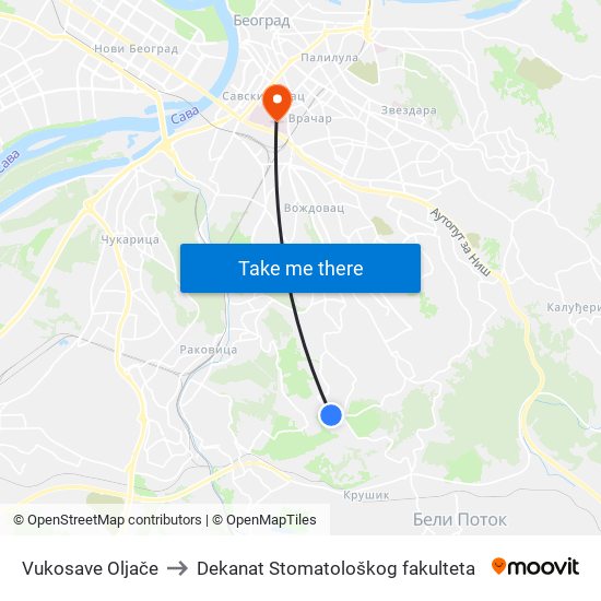 Vukosave Oljače to Dekanat Stomatološkog fakulteta map