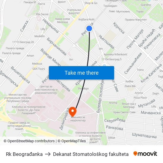 Rk Beograđanka to Dekanat Stomatološkog fakulteta map