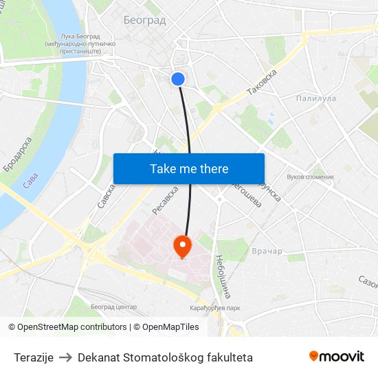 Terazije to Dekanat Stomatološkog fakulteta map