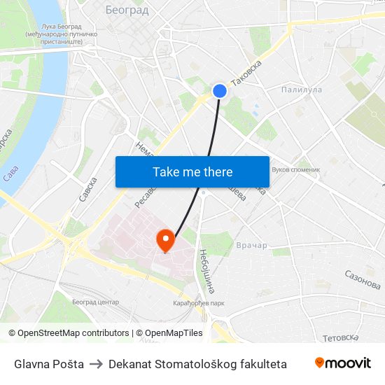 Glavna Pošta to Dekanat Stomatološkog fakulteta map