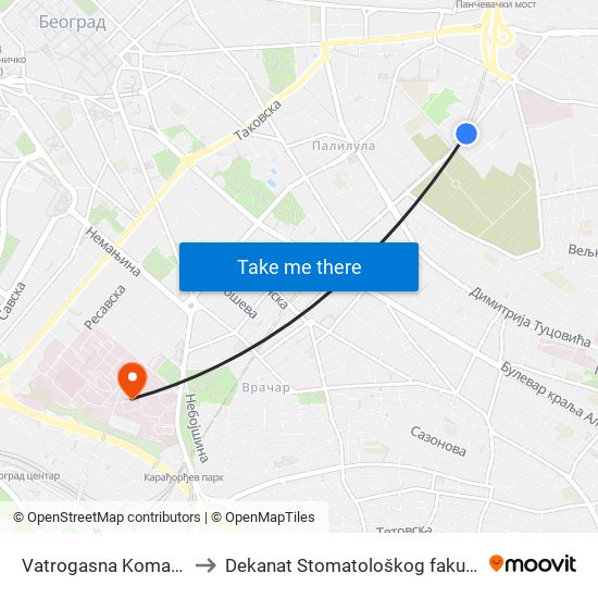 Vatrogasna Komanda to Dekanat Stomatološkog fakulteta map