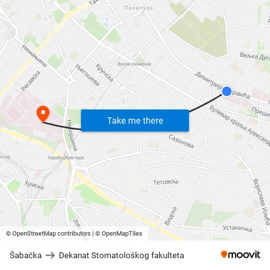 Šabačka to Dekanat Stomatološkog fakulteta map