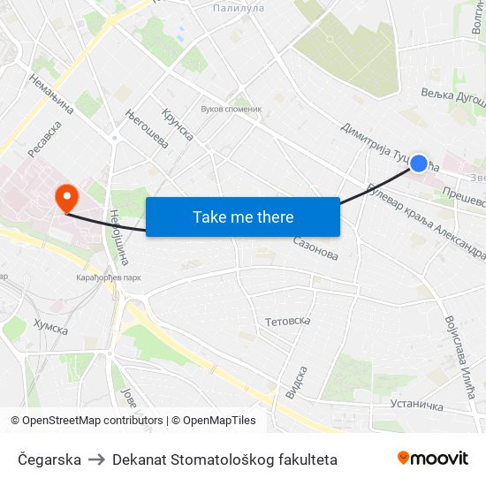 Čegarska to Dekanat Stomatološkog fakulteta map