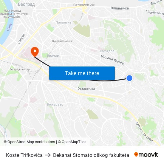 Koste Trifkovića to Dekanat Stomatološkog fakulteta map