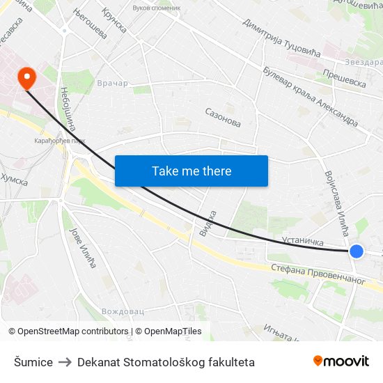 Šumice to Dekanat Stomatološkog fakulteta map