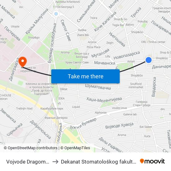 Vojvode Dragomira to Dekanat Stomatološkog fakulteta map