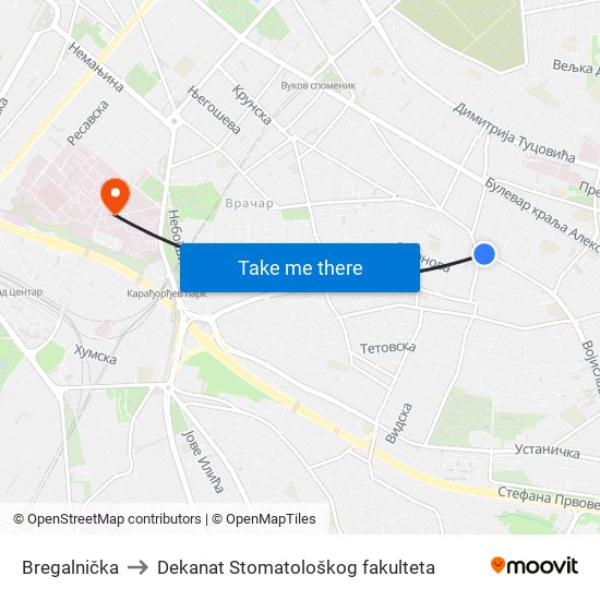 Bregalnička to Dekanat Stomatološkog fakulteta map