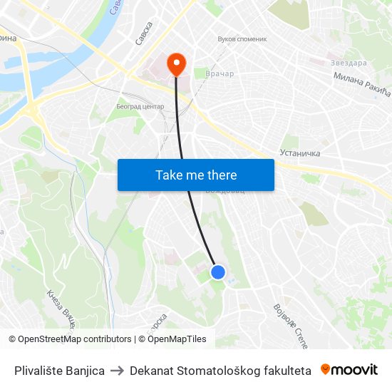 Plivalište Banjica to Dekanat Stomatološkog fakulteta map