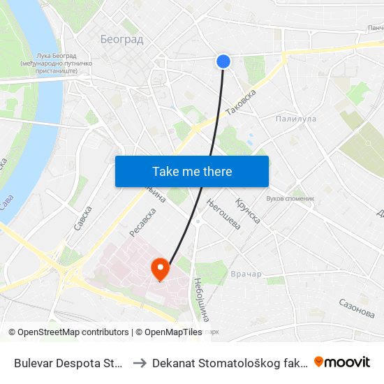 Bulevar Despota Stefana to Dekanat Stomatološkog fakulteta map