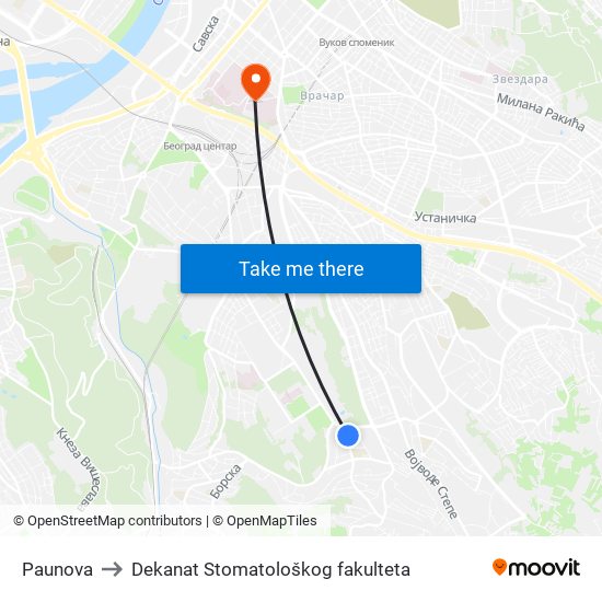 Paunova to Dekanat Stomatološkog fakulteta map