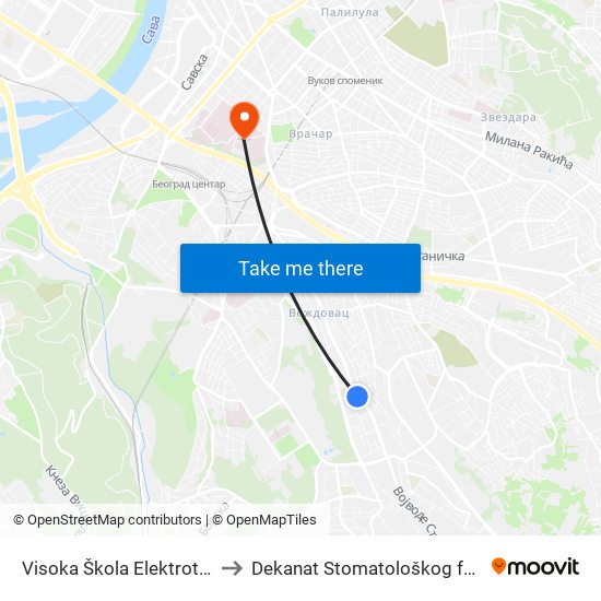 Visoka Škola Elektrotehnike to Dekanat Stomatološkog fakulteta map