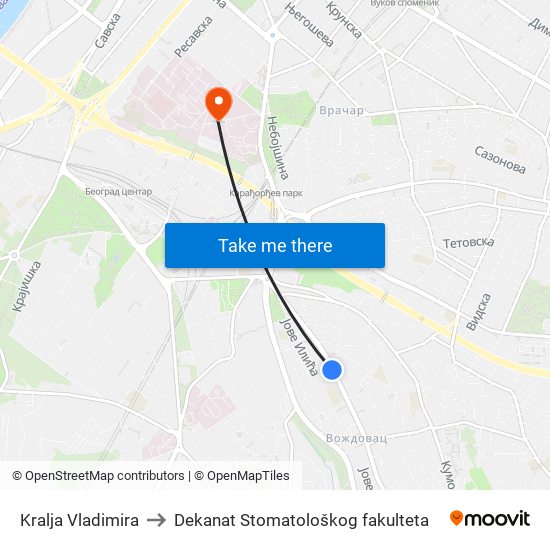 Kralja Vladimira to Dekanat Stomatološkog fakulteta map