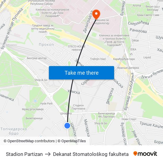 Stadion Partizan to Dekanat Stomatološkog fakulteta map