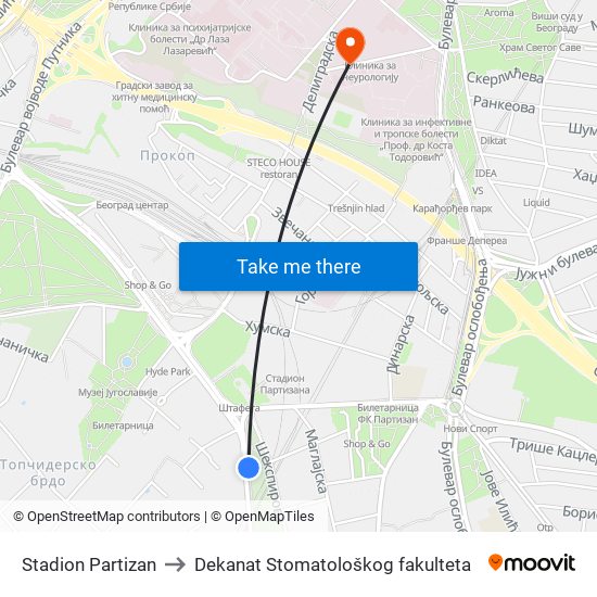 Stadion Partizan to Dekanat Stomatološkog fakulteta map