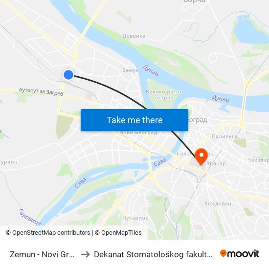 Zemun - Novi Grad to Dekanat Stomatološkog fakulteta map