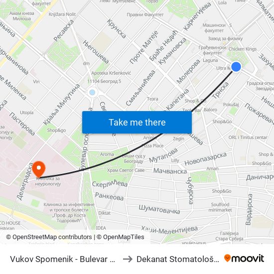 Vukov Spomenik - Bulevar Kralja Aleksandra to Dekanat Stomatološkog fakulteta map
