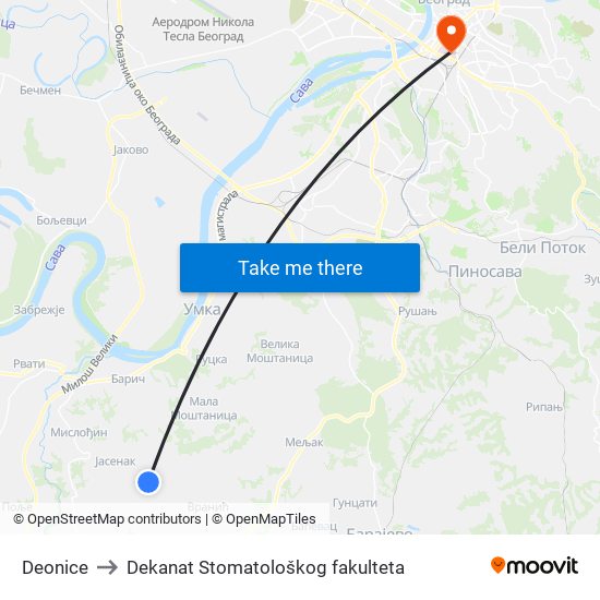 Deonice to Dekanat Stomatološkog fakulteta map