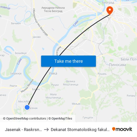 Jasenak - Raskrsnica to Dekanat Stomatološkog fakulteta map