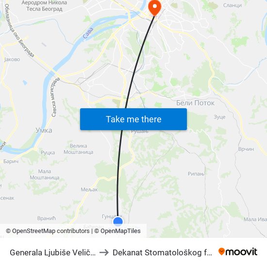 Generala Ljubiše Veličkovića to Dekanat Stomatološkog fakulteta map