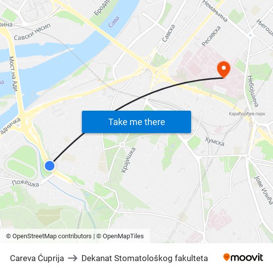 Careva Ćuprija to Dekanat Stomatološkog fakulteta map