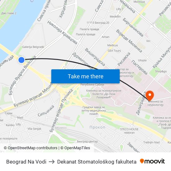 Beograd Na Vodi to Dekanat Stomatološkog fakulteta map