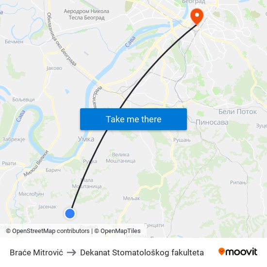 Braće Mitrović to Dekanat Stomatološkog fakulteta map