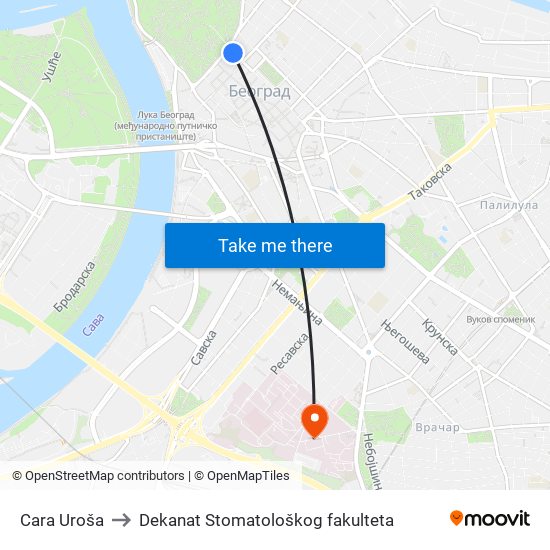 Cara Uroša to Dekanat Stomatološkog fakulteta map