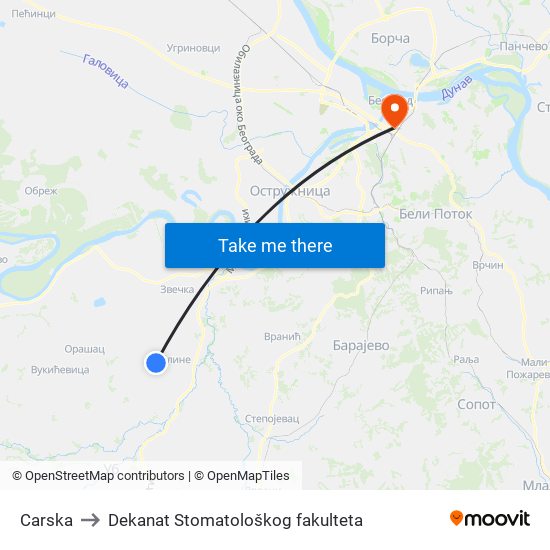 Carska to Dekanat Stomatološkog fakulteta map