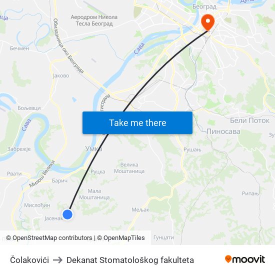 Čolakovići to Dekanat Stomatološkog fakulteta map