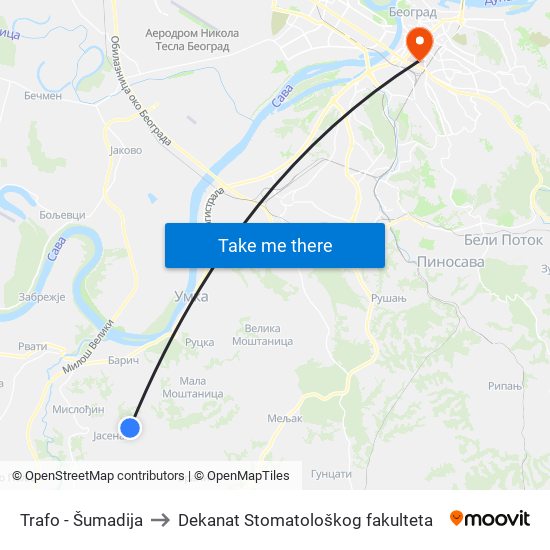 Trafo - Šumadija to Dekanat Stomatološkog fakulteta map