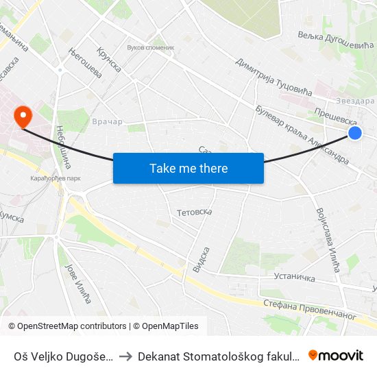 Oš Veljko Dugošević to Dekanat Stomatološkog fakulteta map