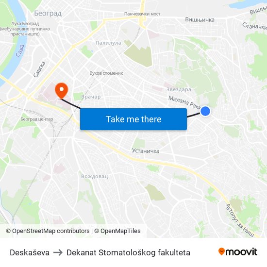 Deskaševa to Dekanat Stomatološkog fakulteta map