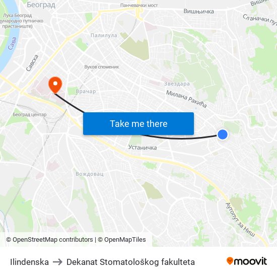 Ilindenska to Dekanat Stomatološkog fakulteta map