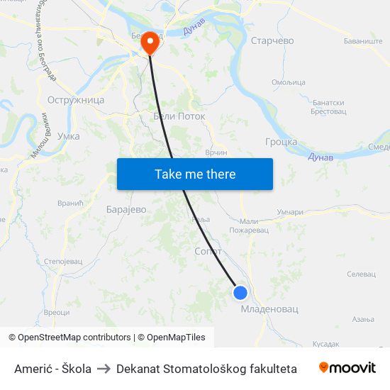 Аmerić - Škola to Dekanat Stomatološkog fakulteta map