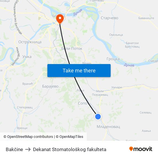 Bakčine to Dekanat Stomatološkog fakulteta map