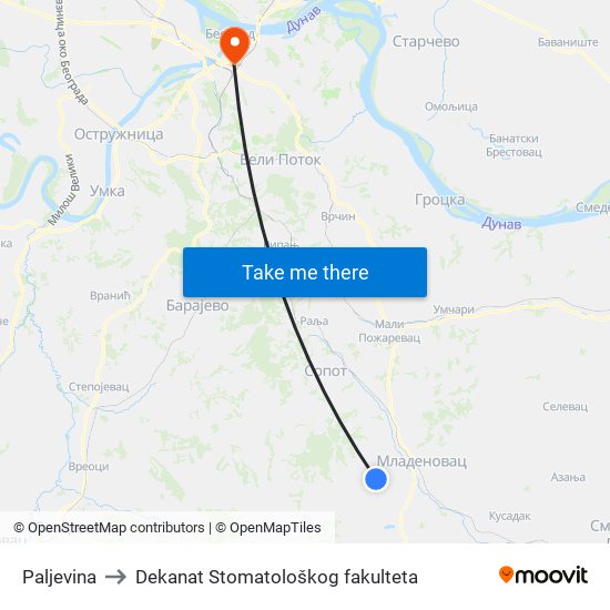 Paljevina to Dekanat Stomatološkog fakulteta map