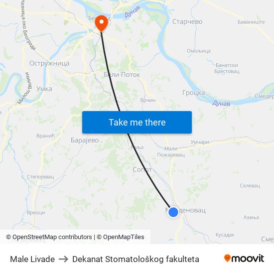 Male Livade to Dekanat Stomatološkog fakulteta map