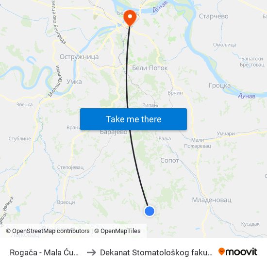 Rogača - Mala Ćuprija to Dekanat Stomatološkog fakulteta map