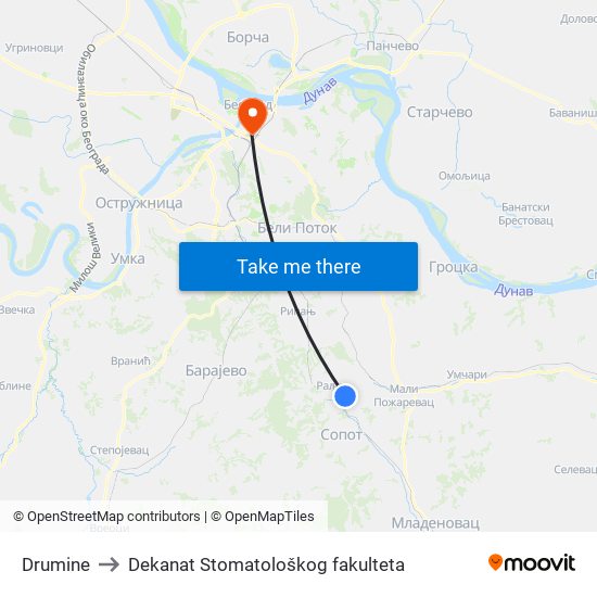 Drumine to Dekanat Stomatološkog fakulteta map