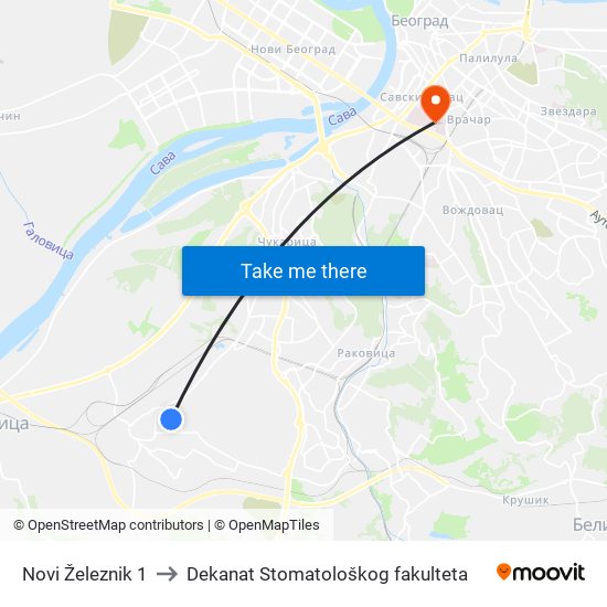 Novi Železnik 1 to Dekanat Stomatološkog fakulteta map