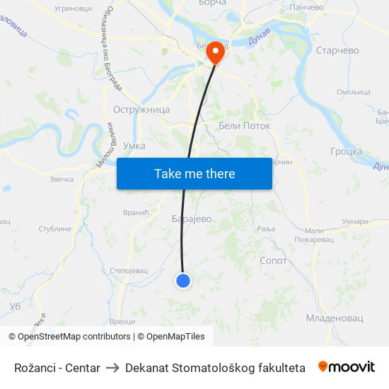 Rožanci - Centar to Dekanat Stomatološkog fakulteta map