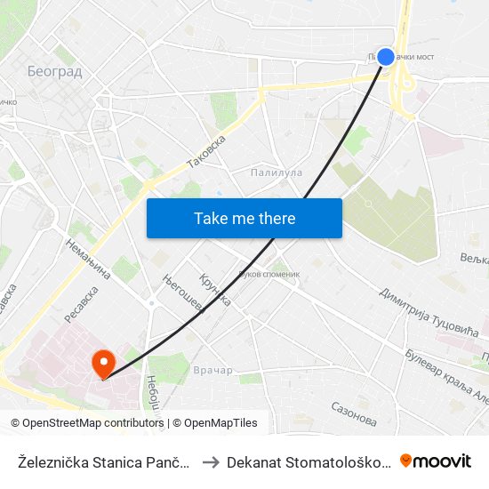 Železnička Stanica Pančevački Most to Dekanat Stomatološkog fakulteta map