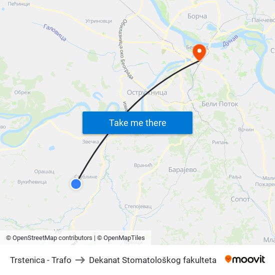Trstenica - Trafo to Dekanat Stomatološkog fakulteta map